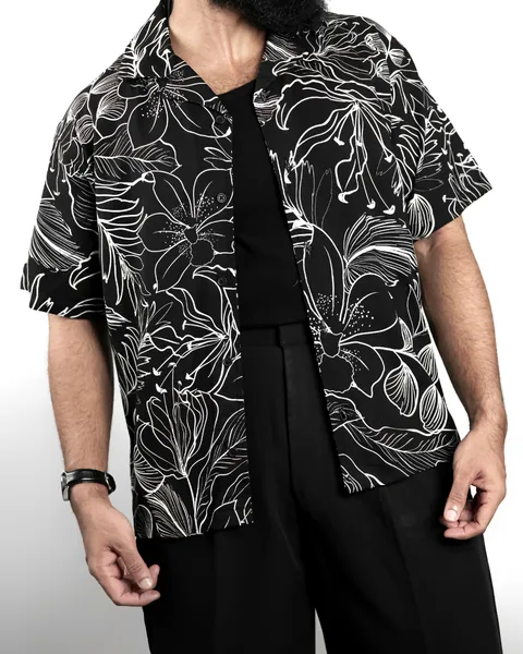 Basics Cuban Shirts in Black Floral Colourway