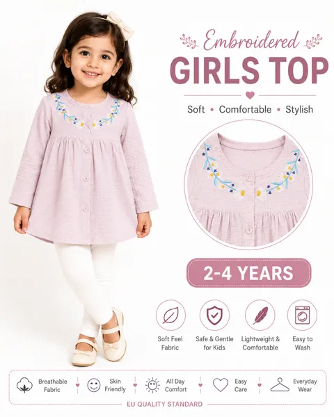 Soft Pink Embroidered Girls Top