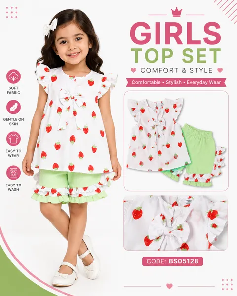 Girls Strawberry Print Top & Shorts Set – 1-4 Years