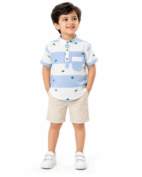Baby Boss Boys Dinosaur Print Striped Shirt – Sky Blue & White