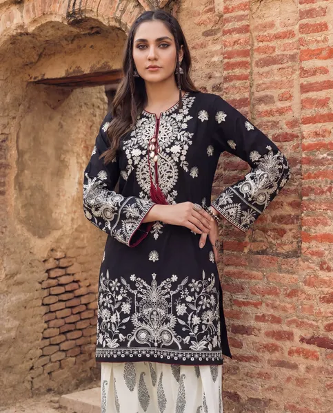 Original Pakistani Sahiba's By Mirza Cotton Embroidered Stitched 2Pc _ Black