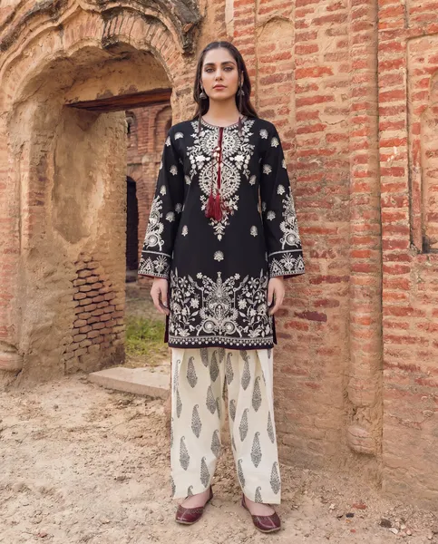 Original Pakistani Sahiba's By Mirza Cotton Embroidered Stitched 2Pc _ Black 