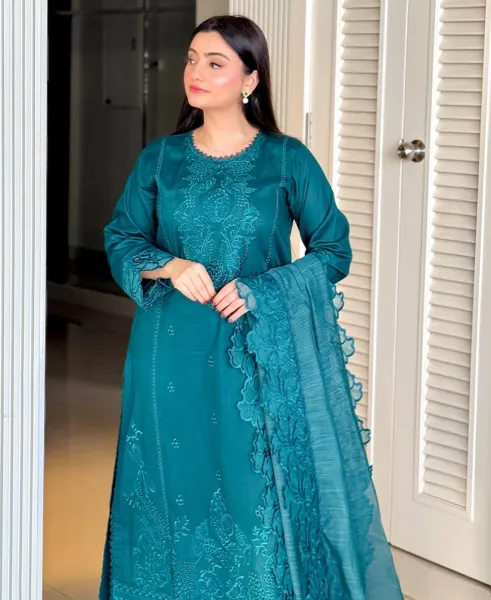 Original Pakistani Boutique Femenite Luxury Cotton Stitched 3Pcs _Teal Green