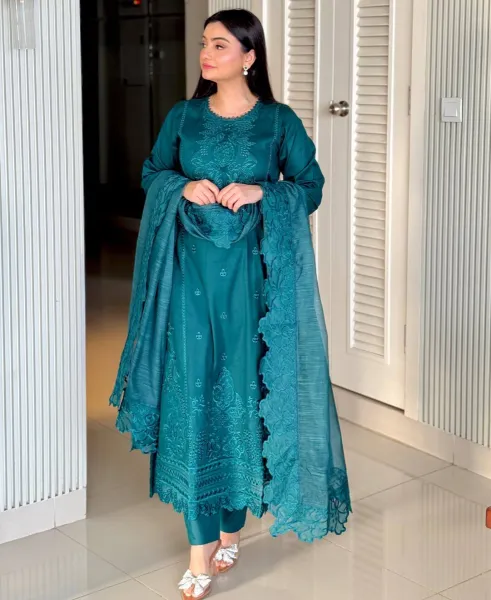 Original Pakistani Boutique Femenite Luxury Cotton Stitched 3Pcs _Teal Green