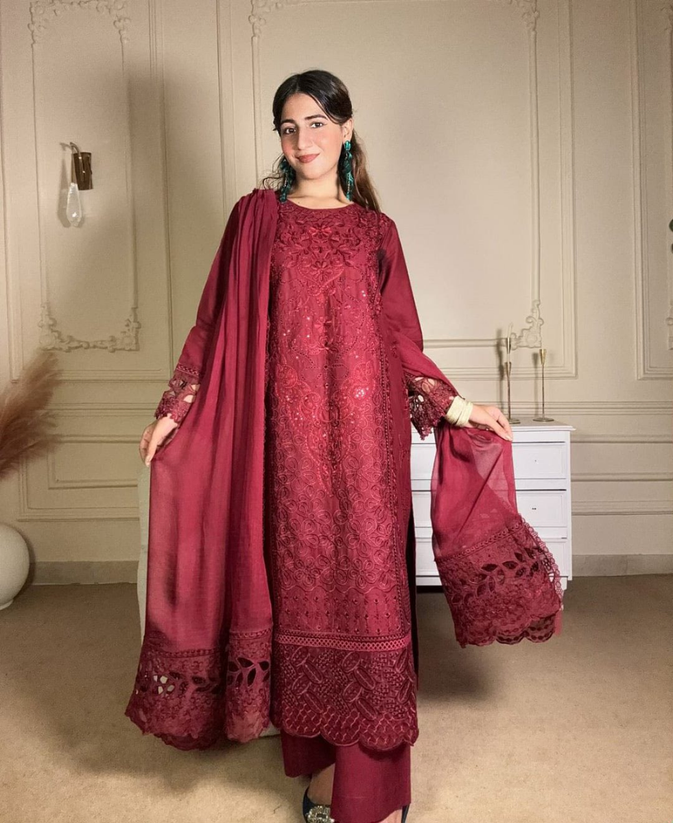 Original Pakistani Luxury Lawn Stitched 3Pc Sadasleek Majesty Crown _ Burgundy Maroon 