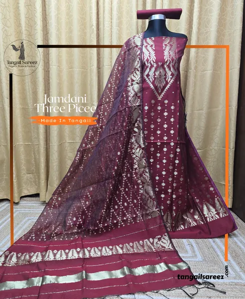 হাফ সিল্ক জামদানি থ্রি পিস  ( Design # 01 )
