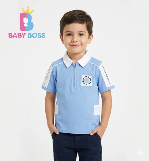 Baby Boss Premium Light Blue Half-Zip Polo Shirt for Boys