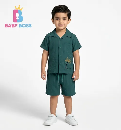Baby Boss Dark Teal Boys Palm Embroidery Co-ord Set
