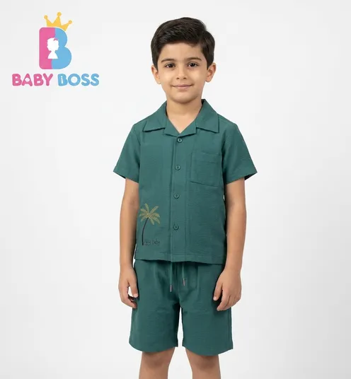 Baby Boss Dark Teal Boys Palm Embroidery Co-ord Set