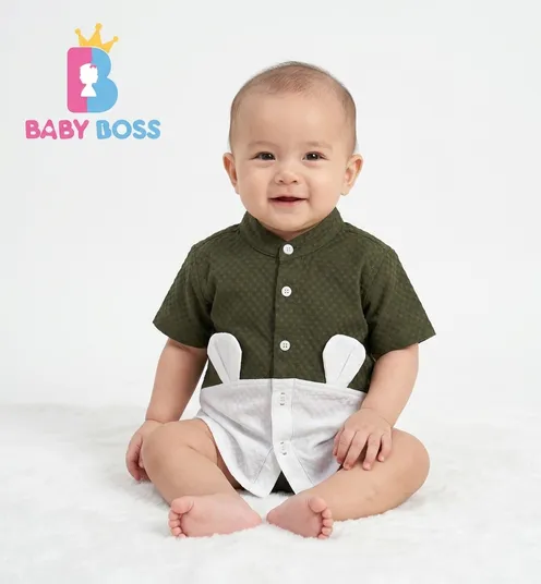 Baby Boss Premium Bear Ear Designer Shirt for Boys – Olive Green & White