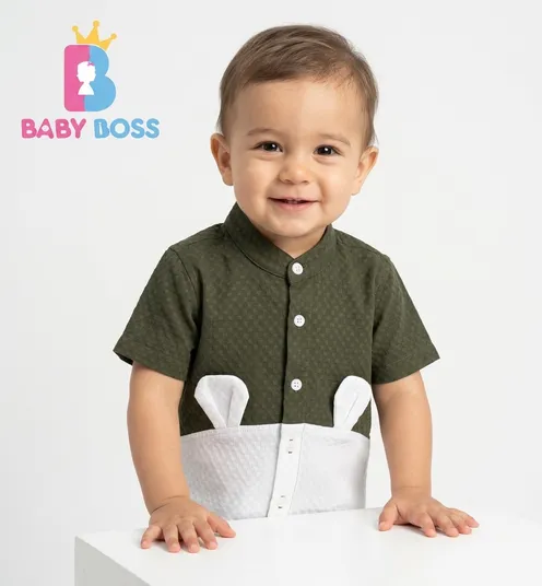 Baby Boss Premium Bear Ear Designer Shirt for Boys – Olive Green & White