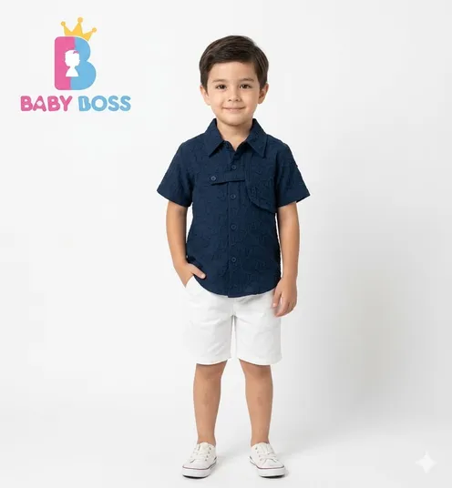 Baby Boss Premium Deep Blue Cloque Textured Button-Up Shirt for Boys