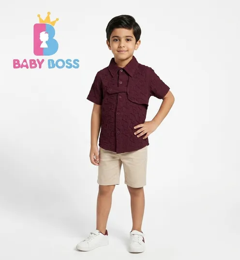 Baby Boss Premium Maroon Cloque Textured Boys' short-sleeved Shirt