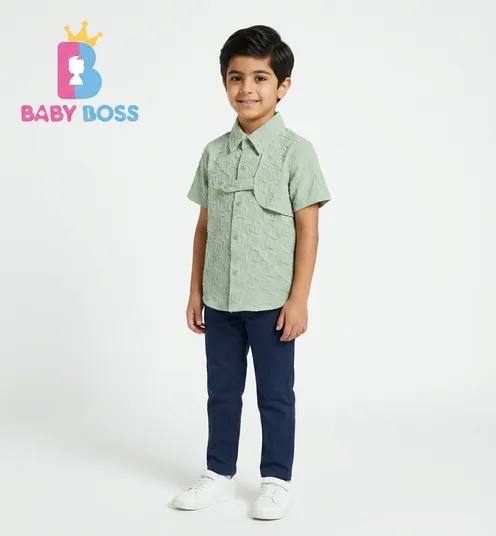 Baby Boss Premium Sage Green Cloque Textured Button-Up Shirt for Boys
