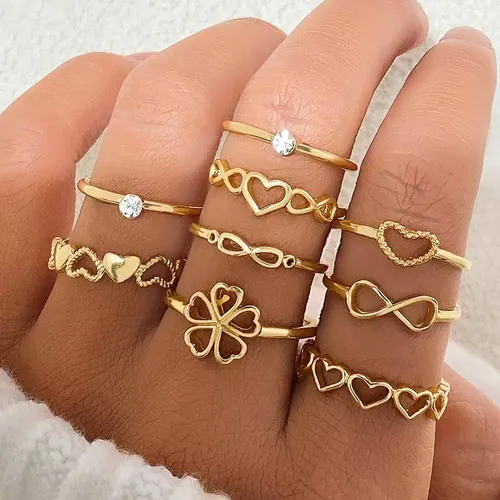 9 Pcs Simple Elegant Golden Alloy Ring Set