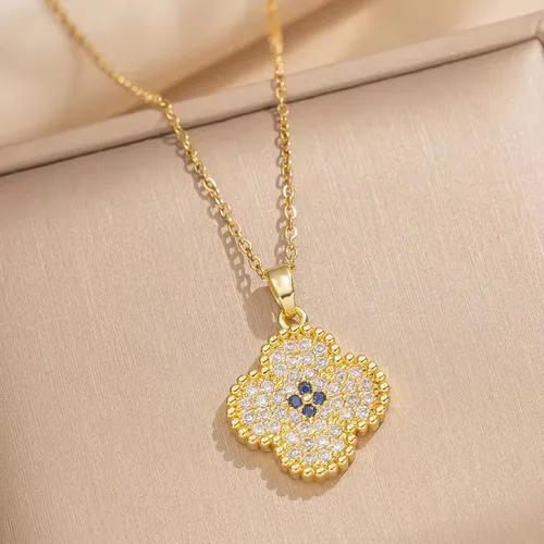 Stainless Steel Clover Zircon Necklace Sets