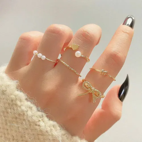 5 Pcs Vintage Pearl Heart Bow Ring Set