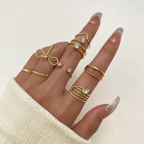 Gold Color Bowknot Finger Rings Set ( 8 Pcs )