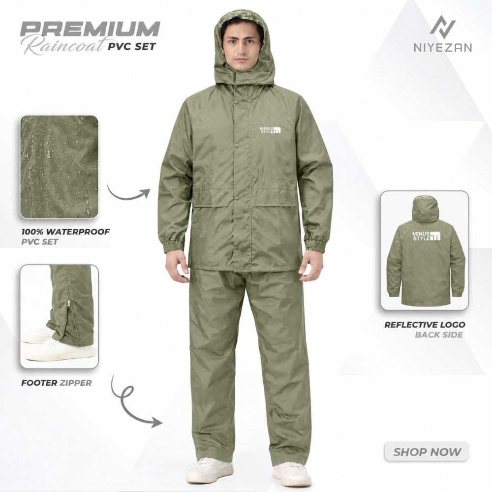 Full Velcro - 100% Water Proof Raincoat (PU Coated) with Seam Sealing - Olive