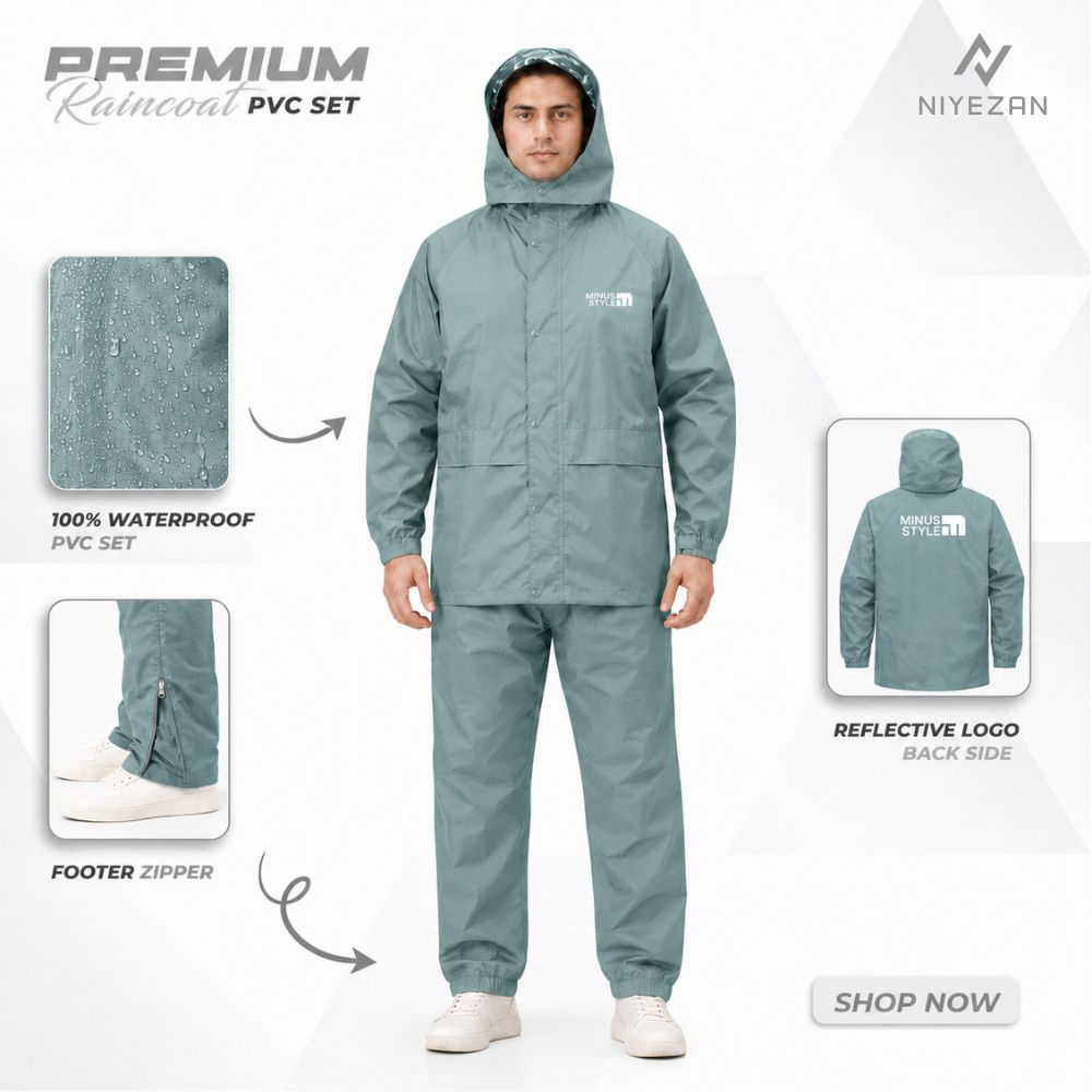 Full Velcro - 100% Water Proof Raincoat (PU Coated) with Seam Sealing - Ash 