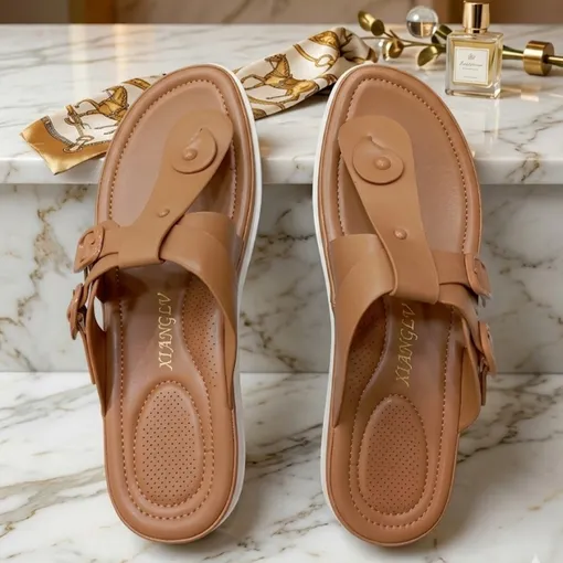 Xianglv Retro Thong Sandals – Beige PU Leather Flat Summer Shoes