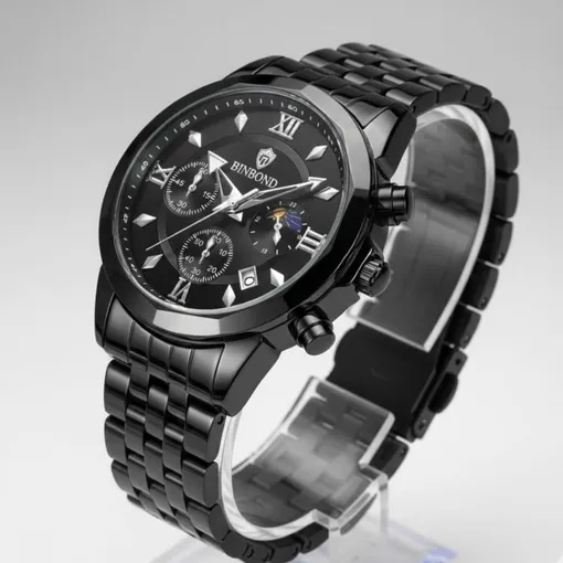 Black Chronograph Watch –Moon Phase & Luminous Hands