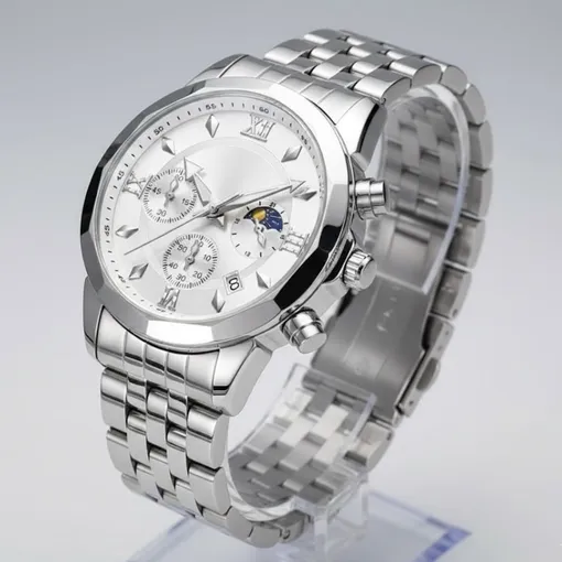 Silver Men’s Chronograph Watch –Moon Phase & Luminous Hands