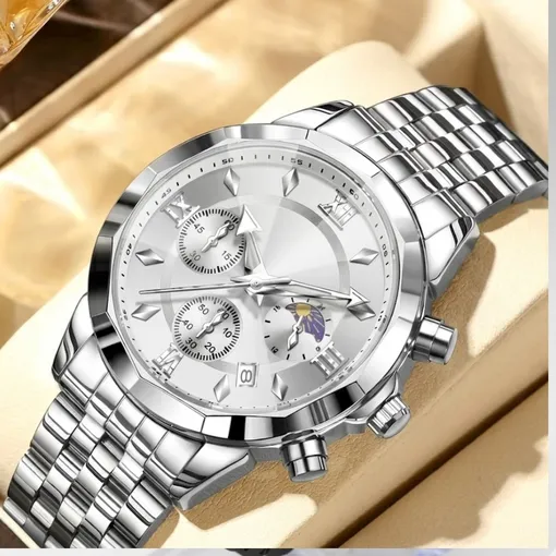 Silver Men’s Chronograph Watch –Moon Phase & Luminous Hands