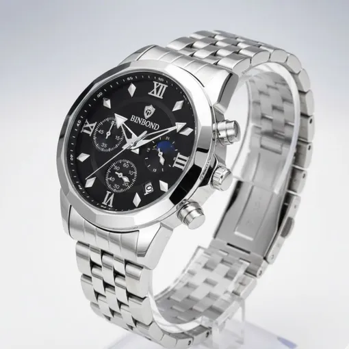Silver Men’s Chronograph Watch –Black Dial & Moon Phase