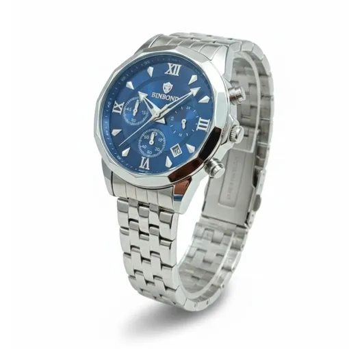 Men’s Luxury Quartz Watch – Blue Dial, Silver Stainless Steel Band