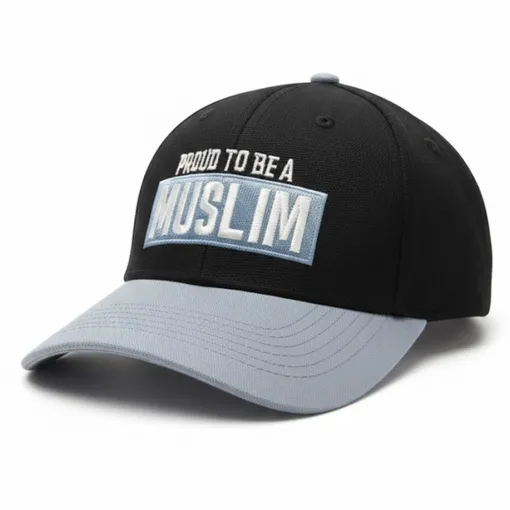 Proud to Be a Muslim Two-Tone Baseball Cap – Black Crown with Light Grey/Blue Brim