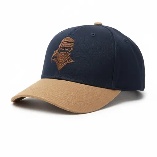 Two-Tone Baseball Cap – Dark Blue/Black Crown & Tan Brim with Ninja Embroidery