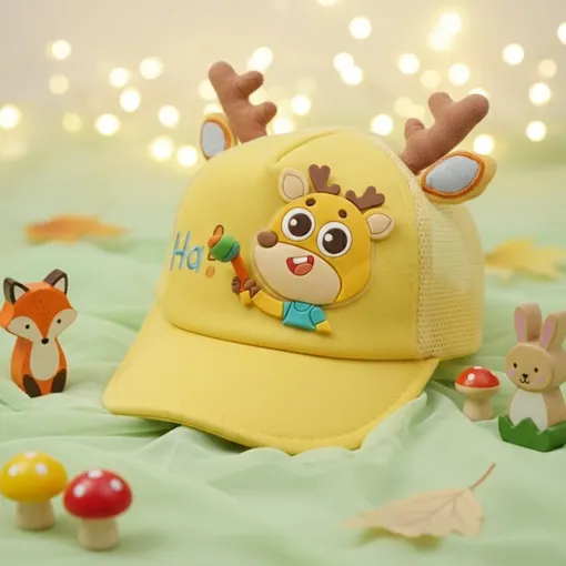 Sunny Deer 3D Cartoon Baby Cap – Yellow (1–4 Years)