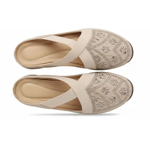 Women’s Embroidered Flat Mule Shoes –Off-White / Cream