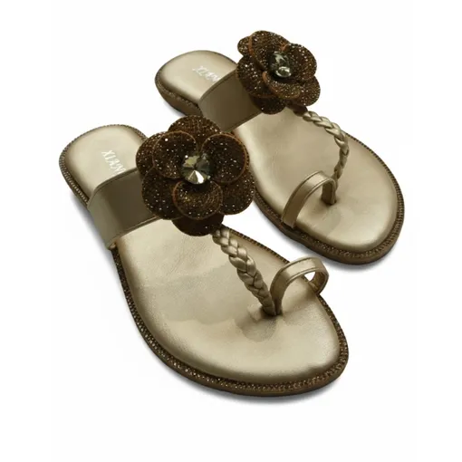 Luxury Gold Flower Embellished Flat Sandals