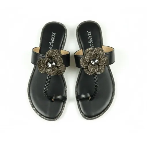 Women’s Black Flower-Embellished Luxury Sandals