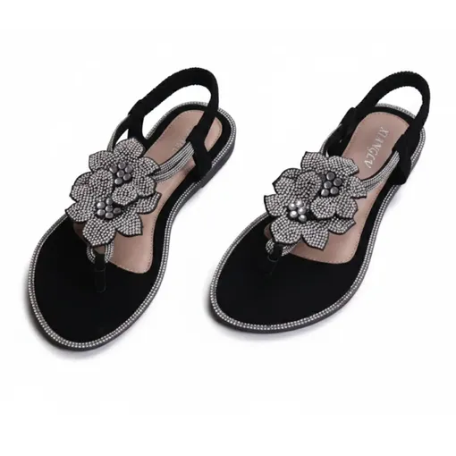 Women’s Black Rhinestone Floral Flat Sandals -Black