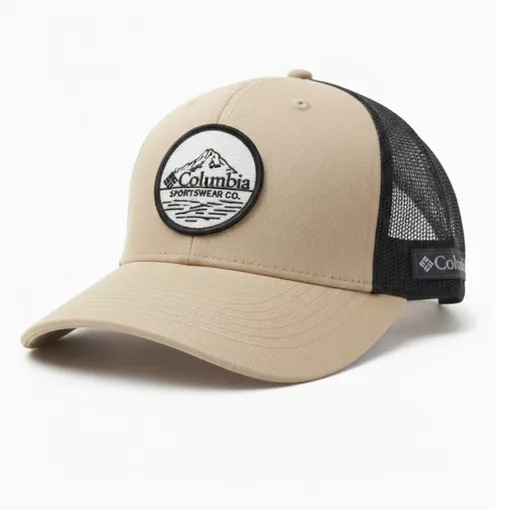 Columbia Sportswear Mountain Patch Trucker Cap – Beige & Black Mesh Snapback Hat