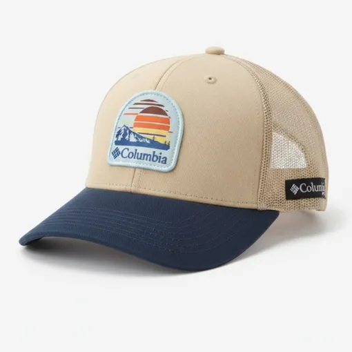 Columbia Sunset Mountain Patch Trucker Cap – Khaki & Navy Mesh Snapback