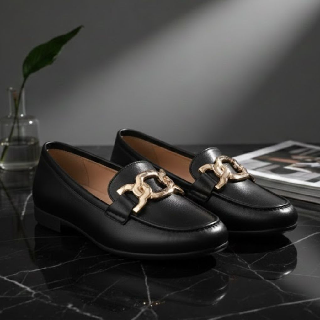 Women’s Luxe Metal-Accent Loafers – Black Elegance Edition