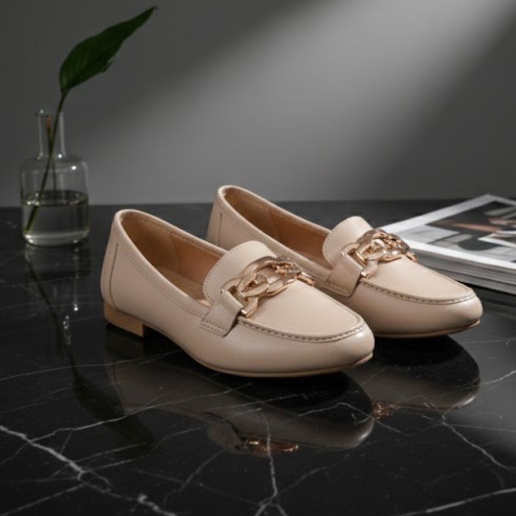 Women’s Luxe Metal-Accent Loafers – Off White Elegance Edition