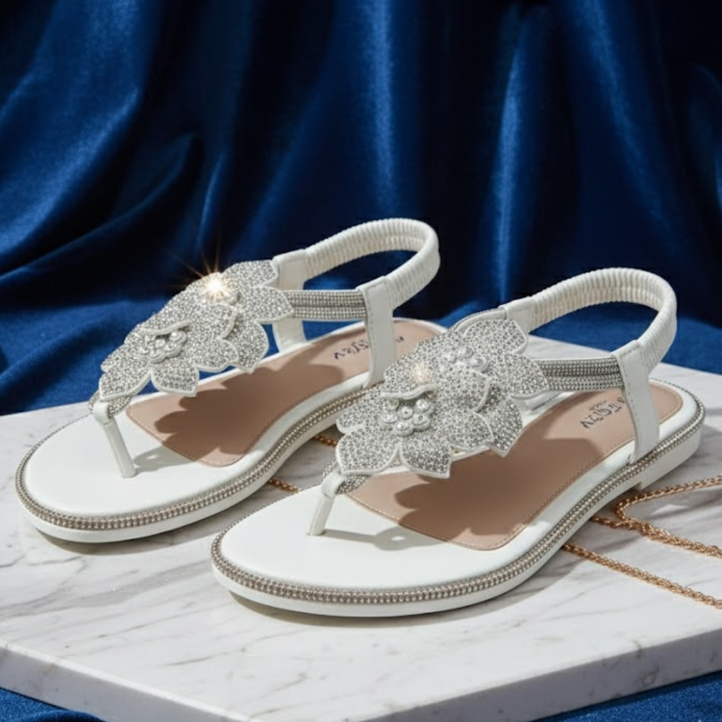 Women’s Black Rhinestone Floral Flat Sandals -White