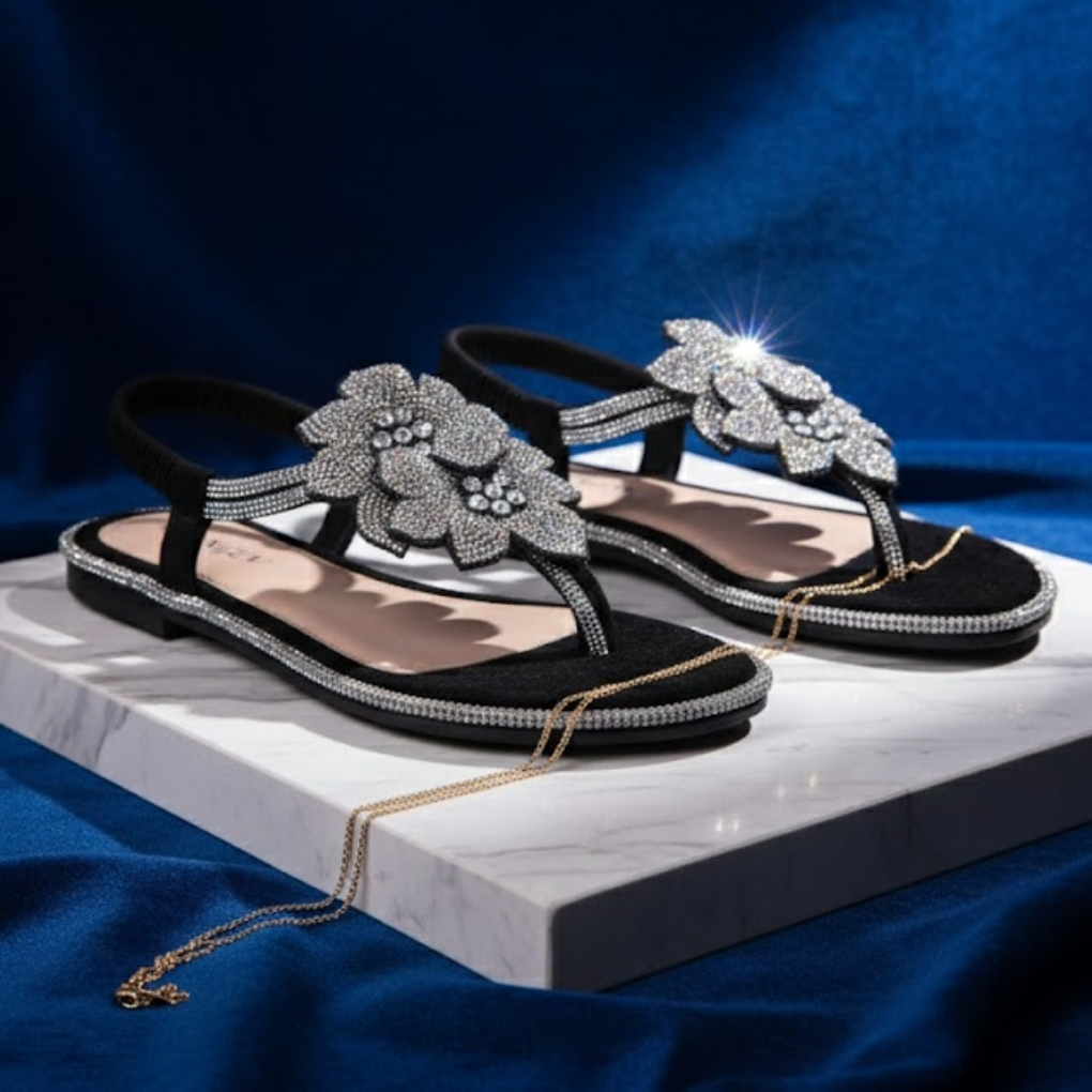 Women’s Black Rhinestone Floral Flat Sandals -Black