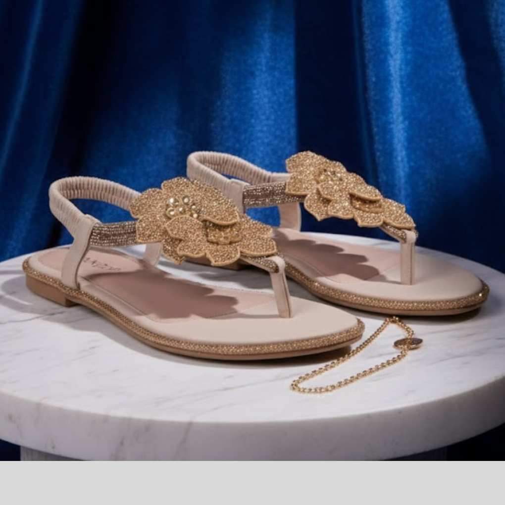 Women’s Black Rhinestone Floral Flat Sandals -Apricot