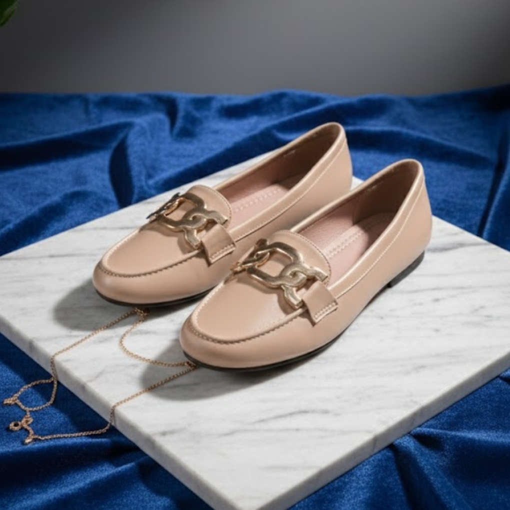 Women’s Luxe Metal-Accent Loafers – Beige Elegance Edition