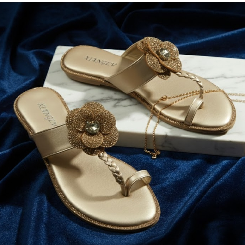 Luxury Gold Flower Embellished Flat Sandals