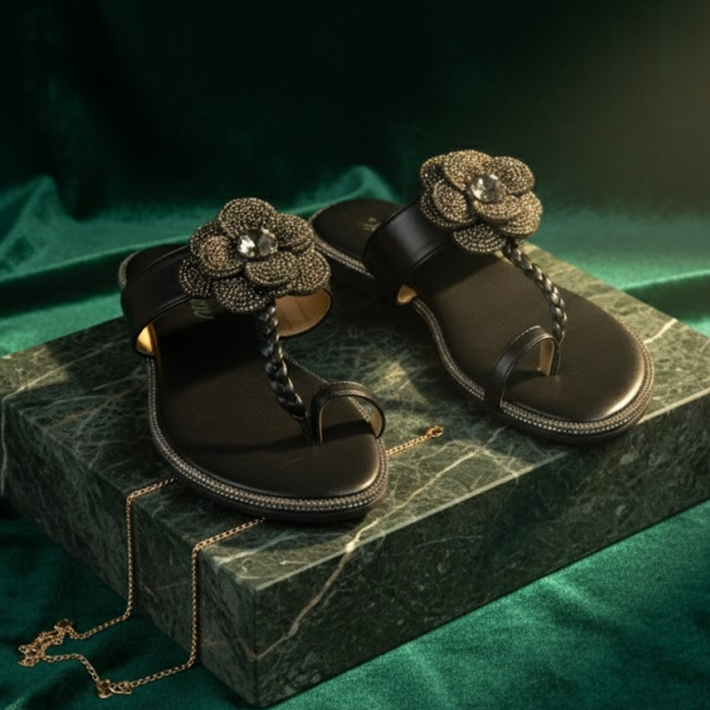 Women’s Black Flower-Embellished Luxury Sandals