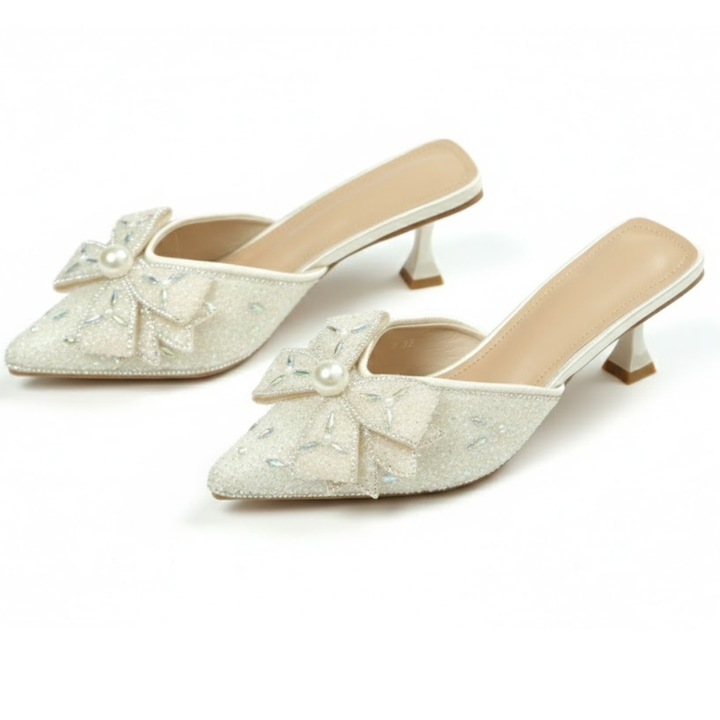 White Pearl Bow Kitten Heels