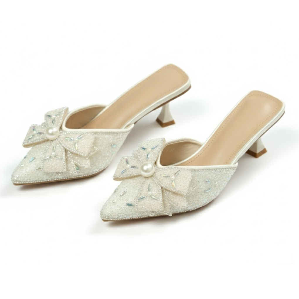 White Pearl Bow Kitten Heels