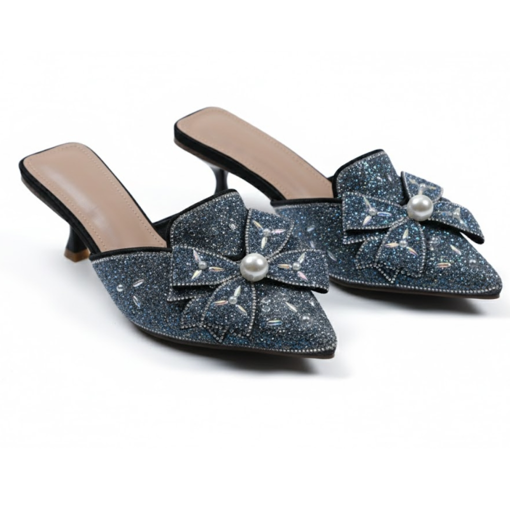 Midnight Sapphire Pearl Bow Heels
